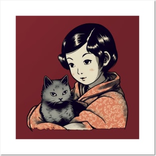 Lovely asian young girl with cat Posters and Art